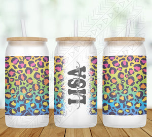 Colorful Leopard Print Personalized Glass Can