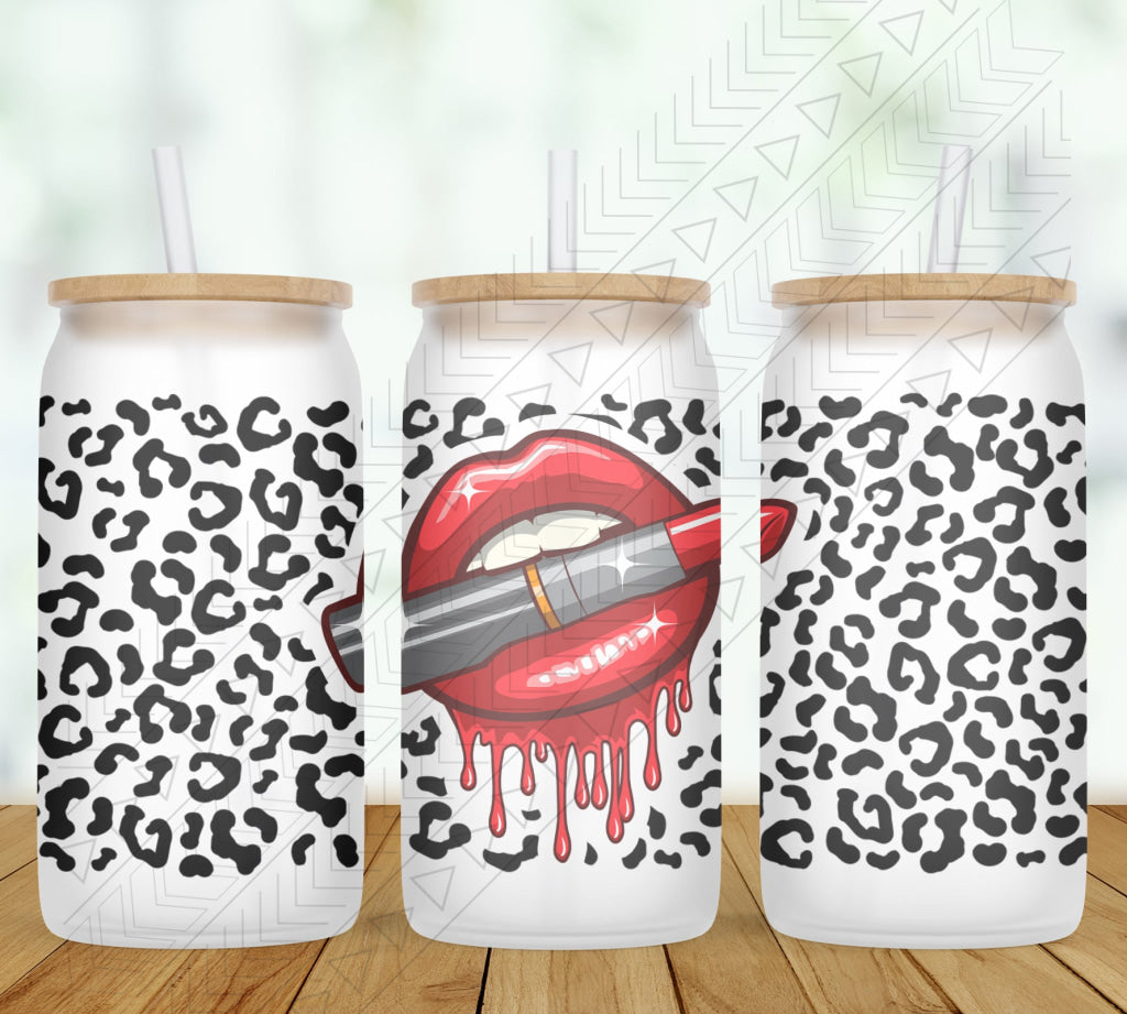 Lipstick & Leopard Print Full Wrap Glass Can